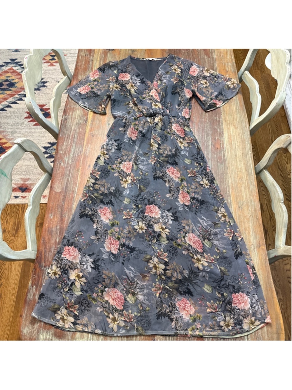 La Fée Maraboutée Floral Maxi Dress Grey Pink Flutter Sleeve Faux Wrap Size 40/8